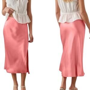 Rails NWT Maya Satin Midi Skirt Coral Pink Size M Slip Silhouette Side Zip